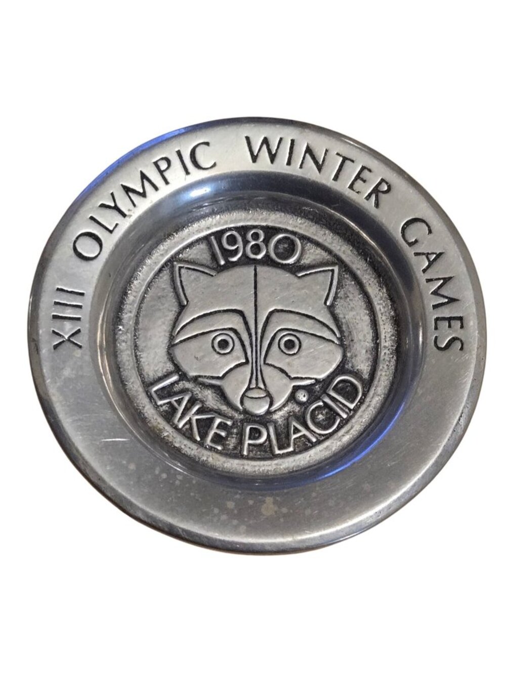 1980 Lake Placid XIII Olympic Winter Games Raccoon Pewter Ashtray Coin Trinket